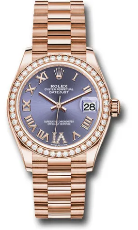 Rolex Everose Gold Datejust 31 Watch - Diamond Bezel - Aubergine Diamond Six Dial - President Bracelet 278285RBR aubdr6p