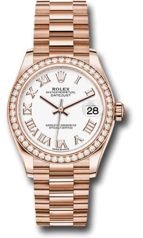 Rolex Everose Gold Datejust 31 Watch - Diamond Bezel - White Roman Dial - President Bracelet 278285RBR wrp